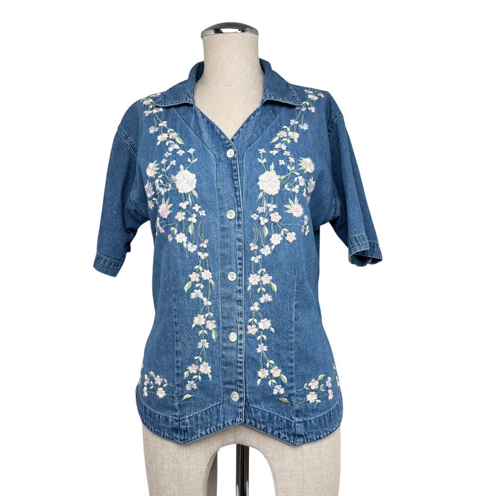 Vintage Embroidered Floral Denim Button Front Cottagecore Top M